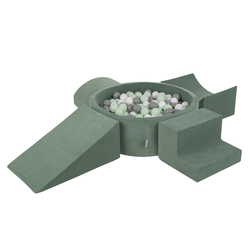 KiddyMoon Foam Playground Velvet for Kids with Round Ballpit ( ∅ 7cm/2.75In) Soft Obstacles Course and Ball Pool, Certified Made In The EU, zieleń lasu: biały-szary-mięta