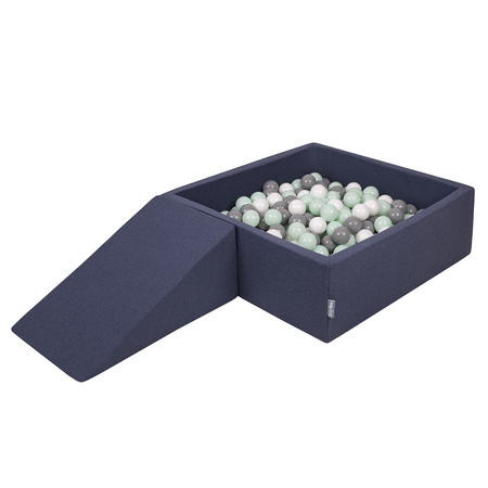 KiddyMoon Foam Playground for Kids with Square Ballpit ( ∅ 7cm/2.75In) Soft Obstacles Course and Ball Pool, Certified Made In The EU, darkblue:white/grey/mint, Ballpit (100 Balls) + Wedge