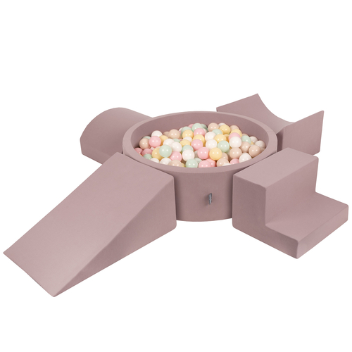 KiddyMoon Foam Playground for Kids with Round Ballpit ( ∅ 7cm/2.75In) Soft Obstacles Course and Ball Pool, Made In The EU, heather: pastel beige/pastel yellow/white/mint/powder pink, Ballpit (200 Balls) + Version 5