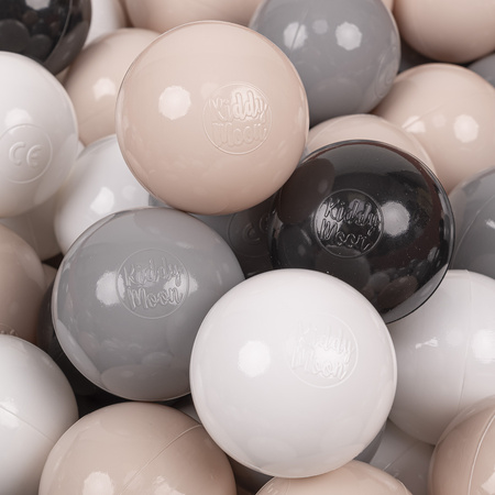 KiddyMoon Soft Plastic Play Balls ∅ 7cm/2.75in Multi-colour Made in EU, pastel beige/grey/white/black, 100 Balls/7cm-2.75in