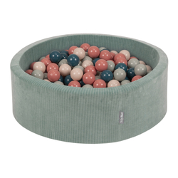 KiddyMoon Foam Ball Pit For Kids Round 90x30cm Baby Soft & Safe Toy, green: dark turquoise/pastel beige/greygreen/salmon pink, 90x30cm/200 balls