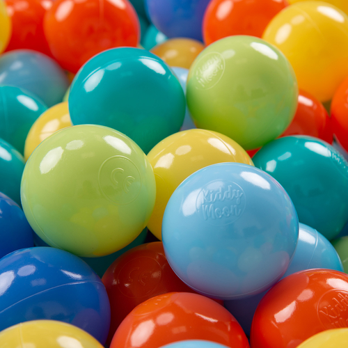 KiddyMoon Baby Foam Ball Pit with Balls ∅ 7cm / 2.75in Square Made in EU, d.blue:l.green/yellow/turquoise/orang/d.pink/purpl