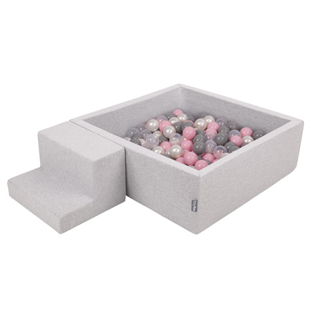 KiddyMoon Foam Playground for Kids with Square Ballpit ( ∅ 7cm/2.75In) Soft Obstacles Course and Ball Pool, Certified Made In The EU, lightgrey:pearl/grey/transparent/powderpink, Ballpit (100 Balls) + Steps