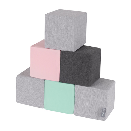 KiddyMoon Soft Foam Cubes Building Blocks 14cm for Children Multifunctional Foam Construction Montessori Toy for Babies, Certified Made in The EU, cubes:light grey-dark grey-pink-mint, 6 Pieces