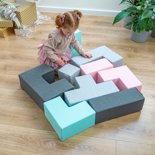 KiddyMoon Soft Foam Cubes Building Blocks 14cm for Children Multifunctional Foam Construction Montessori Toy for Babies, Certified Made in The EU, light grey-dark grey-pink-mint, 9 Pieces