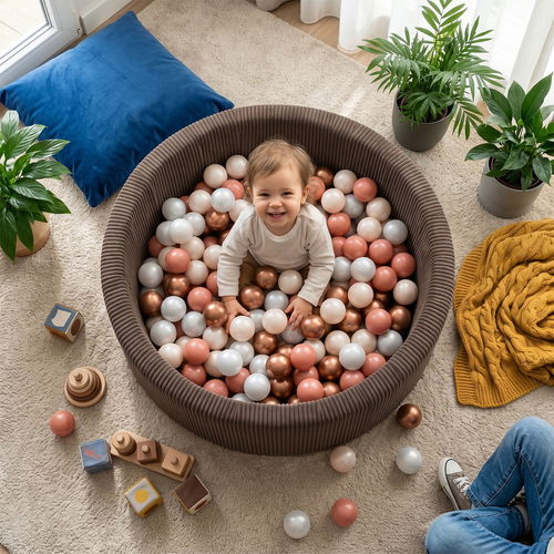 KiddyMoon Ball Pit for Baby and Toddler, Soft Play Ball Pool with ribbed Washable Cover, Brown: Pastel Beige/Copper/Pearl/Salmon, 90 x 30 cm / 200 Balls
