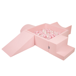 KiddyMoon Foam Playground for Kids with Square Ball pit ( ∅ 7cm/2.75In) Soft Obstacles Course and Ball Pool, Certified Made In The EU, pink:powder pink/pearl/transparent, Ballpit (200 Balls) + Version 5