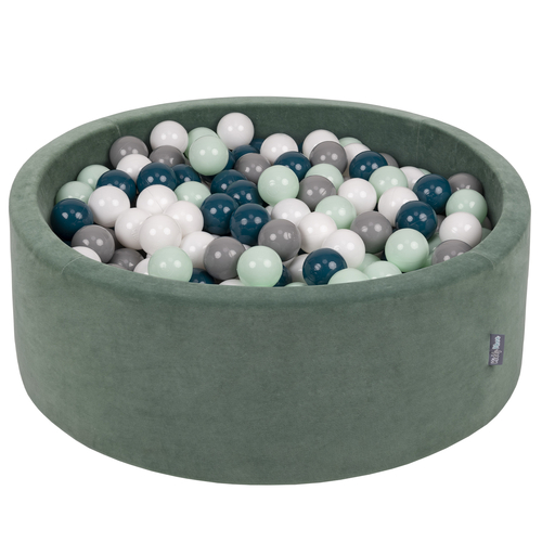 KiddyMoon Soft Ball Pit Round ∅ 7cm / 2.75In for Kids, Foam Velvet Ball Pool Baby Playballs, Made In The EU, forest green:dark turquoise/grey/white/mint, 90x30cm/200 balls
