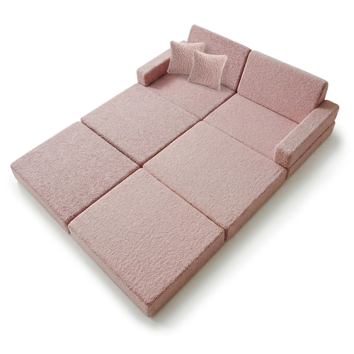 KiddyMoon Sofa for Kids in Foam with Soft Teddy Fabric, Modular and Foldable, with 2 Cushions, for Playing, Reading and Relaxing, pink, Sofa with 2 Pillows