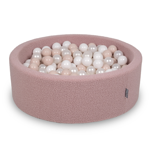 KiddyMoon Ball Pit for Baby with Teddy Plush, Large 7 cm Balls for a Fuller Ball Pit, From 8 Months, Removable Cover, Pink: Pastel Beige/White/Pearl, 90 x 30 cm / 200 Balls
